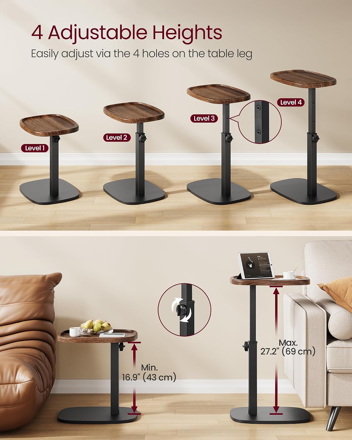 C Side Table Adjustable Height, Couch Sofa End Table, TV Tray