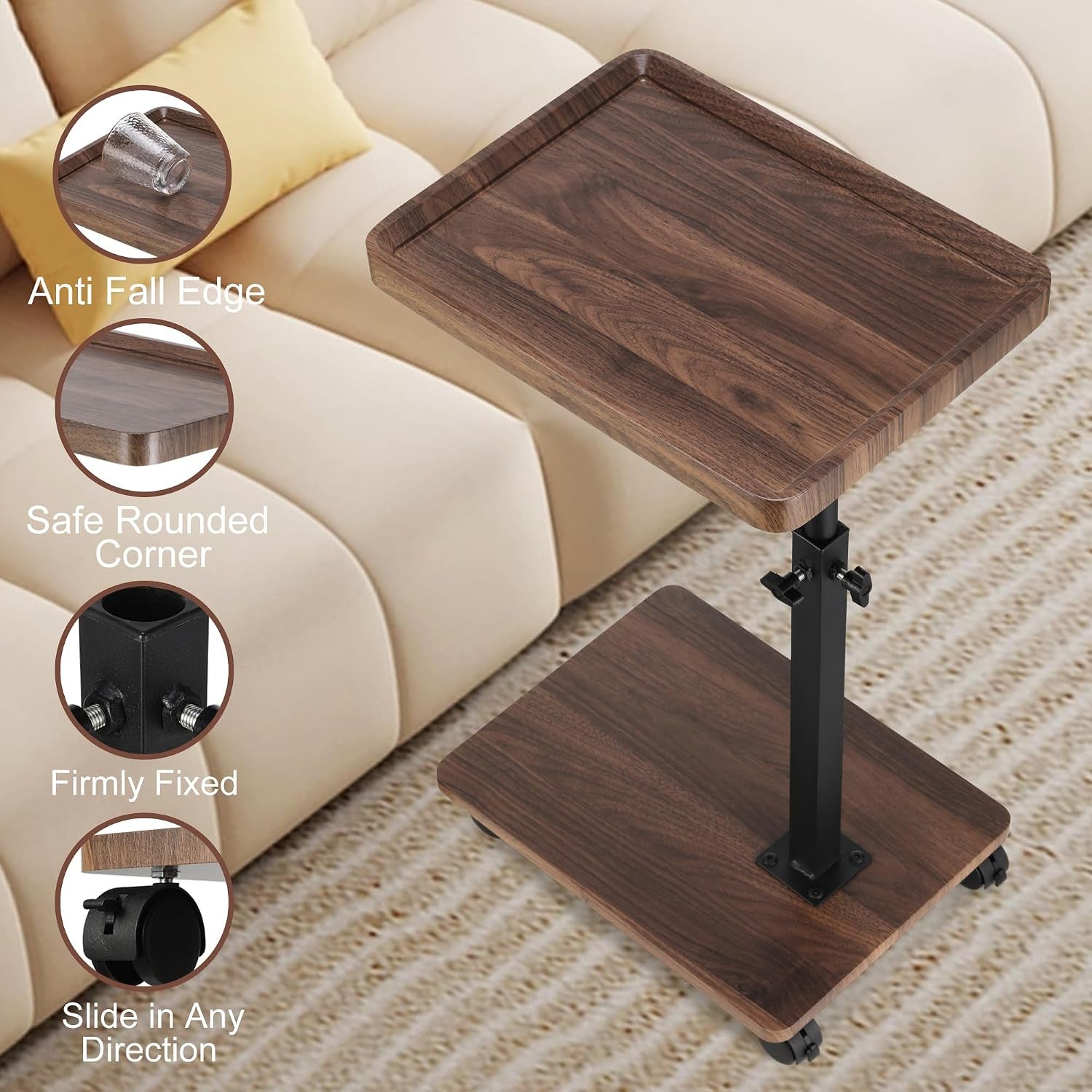 C Shaped End Table for Couch, Adjustable Height C Shaped Side Table